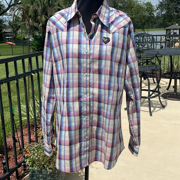 Wrangler Pearl Snap Western Pink Blue and White - Picture 1 of 6